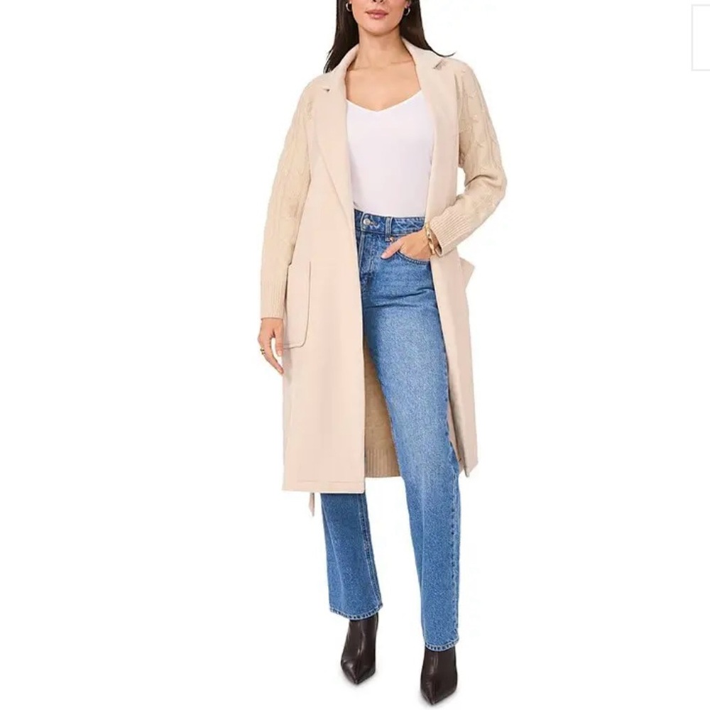 NWT Vince Camuto Robe Coat – Notch Lapel, Tie Belt, Cable-Knit Sleeves